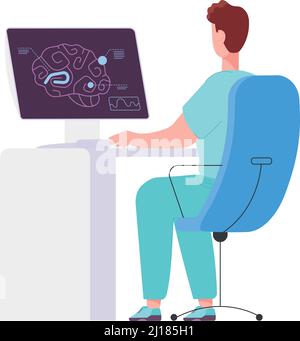 Doctor looking on brain scan on computer screen. Health diagnostics isolated on white background Stock Vector