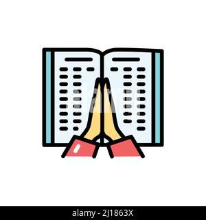 Hand gesture praying and bible line color icon. Isolated vector element. Outline pictogram for web page, mobile app, promo Stock Vector