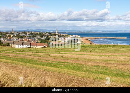 The university city of St Andrews, Fife, Scotland UK with the harbour and East Sands. Stock Photo