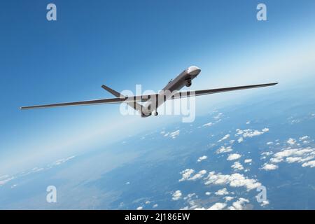 Unmanned military drone uav flying in the air, reconnaissance flight over the territory Stock Photo