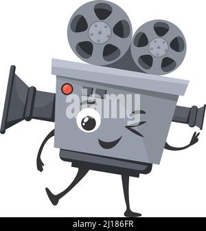 Movie camera character with winking face. Cartoon mascot isolated on white background Stock Vector