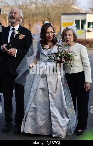 London, UK. 23rd Mar, 2022. Bride STELLA MORIS is seen leaving HM Prison Belmarsh following her wedding to Wikileaks founder Julian Assange at Belmarsh Prison in Thamesmead, East London. The couple, who met when Assange was living in the Ecuadorian embassy in London, have two children. Dame Vivienne Westwood is reported to have designed Ms Moris's wedding dress and a kilt for Julian Assange. Photo credit: Ben Cawthra/Sipa USA **NO UK SALES** Credit: Sipa USA/Alamy Live News Stock Photo