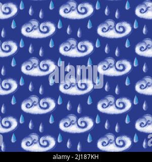Watercolor painted rainy clouds with raindrops. Can be used for wallpaper, pattern fills, web page background, surface textures. Stock Vector