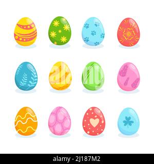 Realistic painted Easter eggs in various colors with different ornaments. Collection of cute bright vector design elements for prints, ads Stock Vector