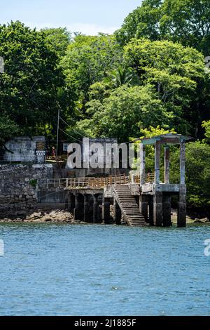 Beautiful view of the San Lucas national park Pier - Church and ruins- in Costa Rica Stock Photo