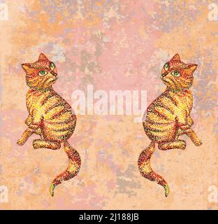 Cats with space for text isolated on background. Handmade watercolor painting illustration. Dotted technique. Pointillism. Stock Vector