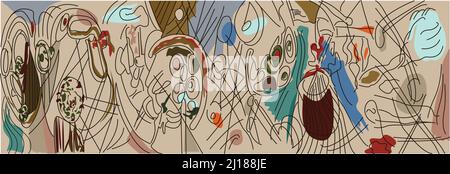 Vector colorful line art. Geometric perspective city and people illusion. Color gradients abstract modern background art. Pattern wall decoration. Stock Vector