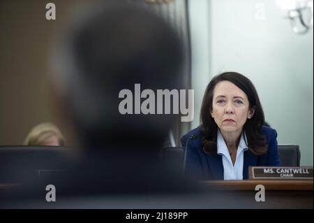Washington, United States. 23rd Mar, 2022. Chairman of the Senate Committee of Commerce, Science and Technology Sen. Maria Cantwell, D-WA, listens during a hearing on next generation technology and innovation at the U.S. Capitol in Washington, DC on Wednesday, March 23, 2022. Photo by Bonnie Cash/UPI Credit: UPI/Alamy Live News Stock Photo