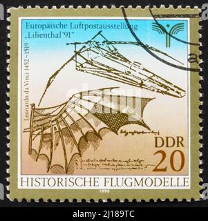 GDR - CIRCA 1990: a stamp printed in GDR shows Flying Machine Designed by Leonardo da Vinci, circa 1990 Stock Photo