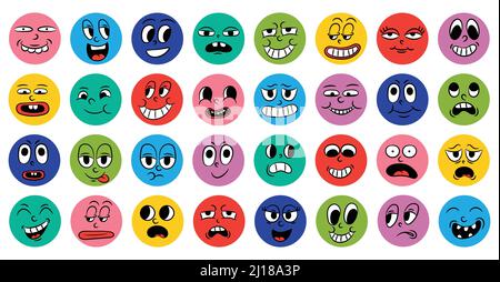 Set of cartoon comic funny faces in retro style with different expressions of emotions. Abstract round icons of heads of emotional characters. Emoji Stock Vector