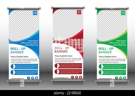 Roll up banner design vector templates in red, blue, and green Stock Vector