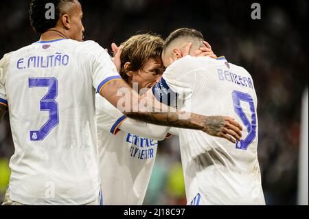 Madrid, Spain - March 09: Karim Benzema of Real Madrid CF (R) celebrates his goal with Luka Modric of Real Madrid CF (L) during the UEFA Champions Lea Stock Photo