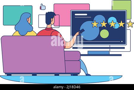 Streaming service concept image Couple on couch with tv remote control Vector Stock Vector