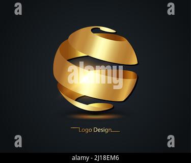 Abstract golden ribbons 3d light sphere effect, gold luxury logo design, vector illustration isolated on black background Stock Vector
