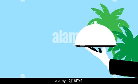 Waiter with tray - close-up waiter hand with tray and metal cloche lid cover. Palm leaf on blue background. Concept of leisure, resort, hotel, service Stock Vector