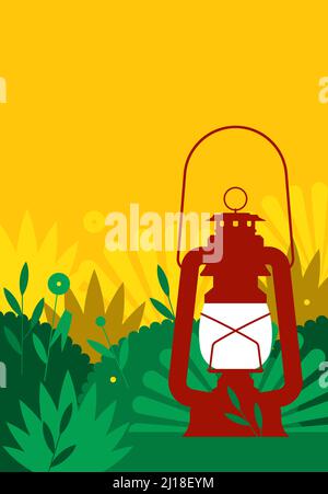 Summer camping poster. Vibrant colorful background with bushes, plant, vintage lantern. Copy space for title. Backdrop for banner, poster, card. Stock Vector