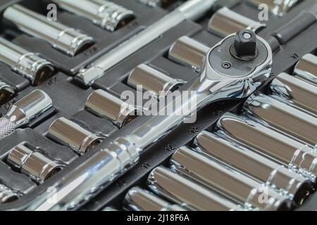 Chrome Socket Wrench Set Close Up Background. Stock Photo