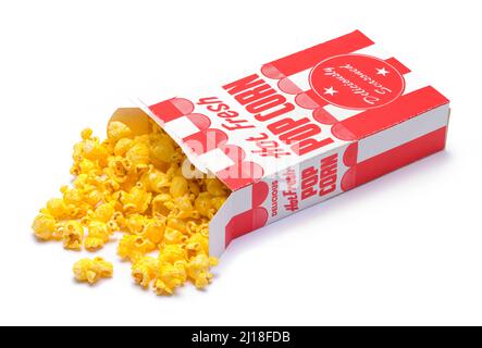 Spilled Retro Box of Popcorn Cut Out on White. Stock Photo