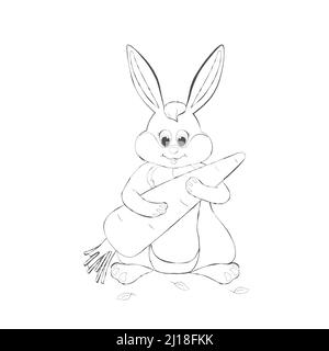 A linear drawing Easter bunny holding a large carrot, Vector illustration.. Stock Vector
