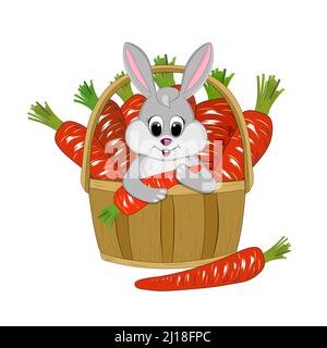 The Easter bunny is sitting in a basket full of carrots. Vector illustration. Stock Vector