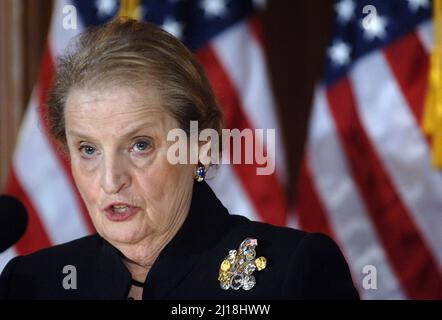 Washington, United States. 23rd Mar, 2022. Former secretary of State Madeleine Albright speaks on the strain of the U.S. Military, in Washington in this file photo taken January 25, 2006. Albright, the first woman to serve as U.S. secretary of state, has died, her family said in a statement on Wednesday. She was 84. File photo by Kevin Dietsch /UPI Credit: UPI/Alamy Live News