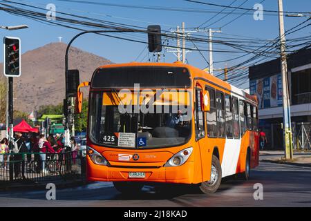 Santiago, Chile -  October 2021: A Transantiago, or Red Metropolitana de Movilidad, bus in Santiago Stock Photo