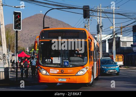 Santiago, Chile -  October 2021: A Transantiago, or Red Metropolitana de Movilidad, bus in Santiago Stock Photo