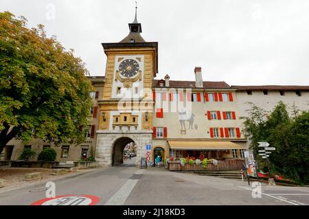 Morat, Switzerland - September 15, 2015: The Bern Gate dates back to 1239, today's gate (Berntor) was built by architect Niklaus Hebler in the 2nd hal Stock Photo