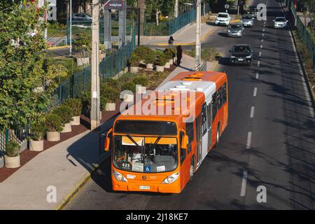 Santiago, Chile -  October 2021: A Transantiago, or Red Metropolitana de Movilidad, bus in Santiago Stock Photo