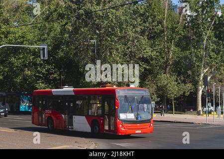 Santiago, Chile -  October 2021: A Transantiago, or Red Metropolitana de Movilidad, bus in Santiago Stock Photo