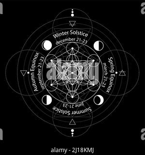 solstice and equinox circle stylized as linear geometrical design with white thin lines on black background with dates and names, four elements, Air, Stock Vector