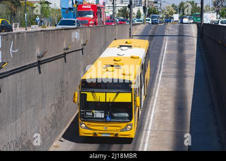 Santiago, Chile -  October 2021: A Transantiago, or Red Metropolitana de Movilidad, bus in Santiago Stock Photo