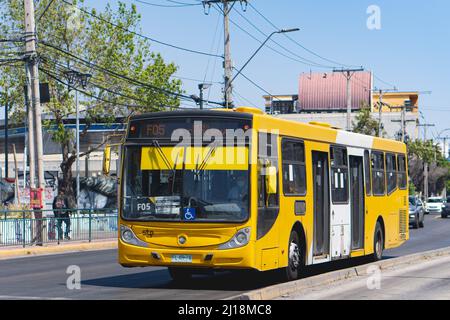 Santiago, Chile -  October 2021: A Transantiago, or Red Metropolitana de Movilidad, bus in Santiago Stock Photo