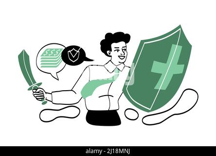People with shields protecting. Man in suit with shield and sword. Technical administrator, programmer. Internet security and metaphor of protecting p Stock Vector