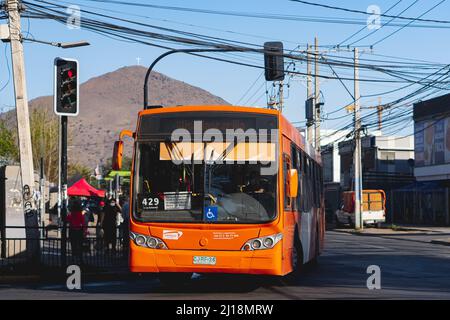 Santiago, Chile -  October 2021: A Transantiago, or Red Metropolitana de Movilidad, bus in Santiago Stock Photo