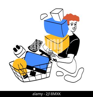 People on shoping. Guy with cart and boxes. Miscellaneous household items. Light bulb and collection of plates and mugs. Electrical Appliances and tec Stock Vector