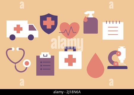 Collection of color cartoon medical icons. Healthcare medicine icon set: ambulance, shield, heart, pulse, disinfectant, medical record, stethoscope. Stock Vector