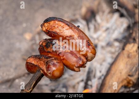 Barbecue on fire. Sausage heating above the campfire outdoor in Switzerland. Stock Photo