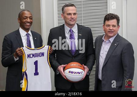 March 23, 2022: New LSU Head Basketball Coach Matt McMahon (center) poses with LSU Athletic Director Scott Woodward (right) and President William F. Tate IV (left) holds his first press conference and meets with the media for the first time at Tiger Stadium's Bill Lawton Room in Baton Rouge, LA. Jonathan Mailhes/CSM Stock Photo