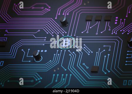 Bitcoin on circuit electronic board. Digital circuit blockchain network concept Stock Photo