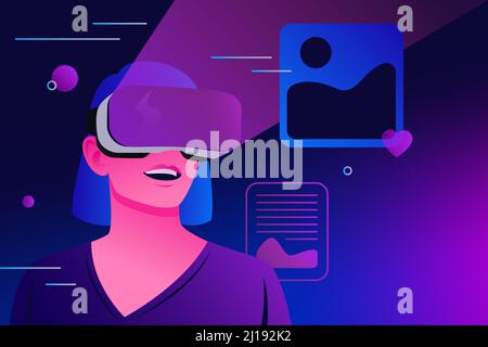 Woman in Metaverse Reality. Virtual Data Exchange and Communication. Vector illustration Stock Vector