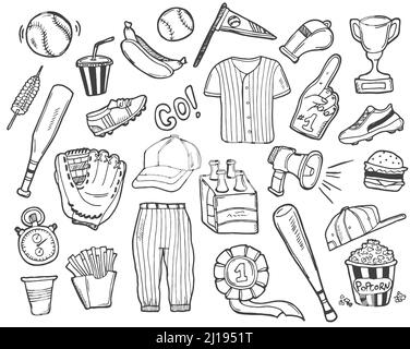 Baseball doodle set. Special sport equipment. Hand drawn vector illustration isolated over white background. Stock Vector