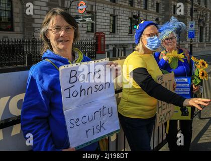 Westminster, London, UK. 23rd Mar, 2022. Protesters from Sodem (Stand in Defiance European Movement) rally outside Parliament in Westminster with flags and placards. The pro-EU group want to highlight problems with Brexit, as well as the failings of government. Credit: Imageplotter/Alamy Live News