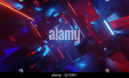 Inside the space tunnel, neon lights, space futurism in cubic forms, Illustration Abstract 3d Render Stock Photo