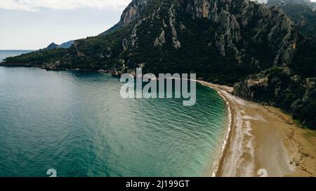 CHIRALI, TURKEY: aerial view Sunny beach resort in Turkey with stunning views of the mountains Stock Photo