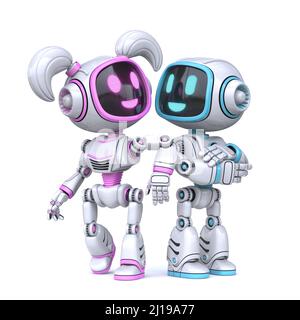 Cute pink girl and blue boy robots posing 3D rendering illustration isolated on white background Stock Photo