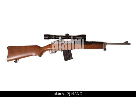 Vintage Semi Automatic Rifle With Scope and Magazine Isolated on White Background Stock Photo