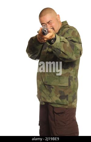 Man Wearing Camouflage Holding a Gun Isolated on White Stock Photo