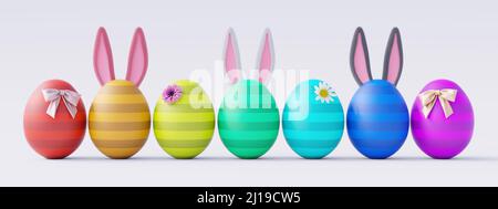 Colorful Easter eggs on white background, Happy Easter greeting card 3D render 3D illustration Stock Photo