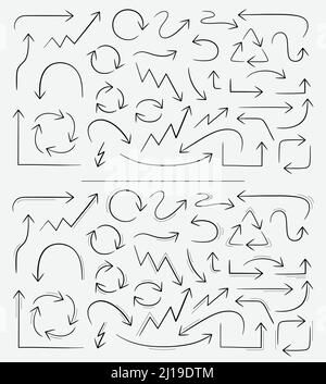 Set of vector, hand drawn, doodle arrows. Collection of basic shape arrows. Stock Vector